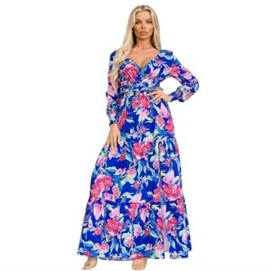 Chicways Floral Deep V Neck Maxi Dress Size Medium Pink And Blue